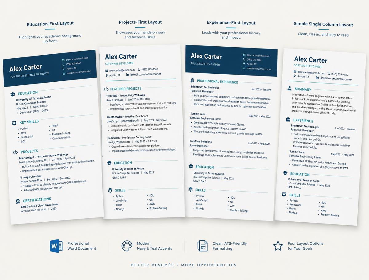 Four editable resume template layouts: Education-First, Projects-First, Experience-First and Simple Single-Column.