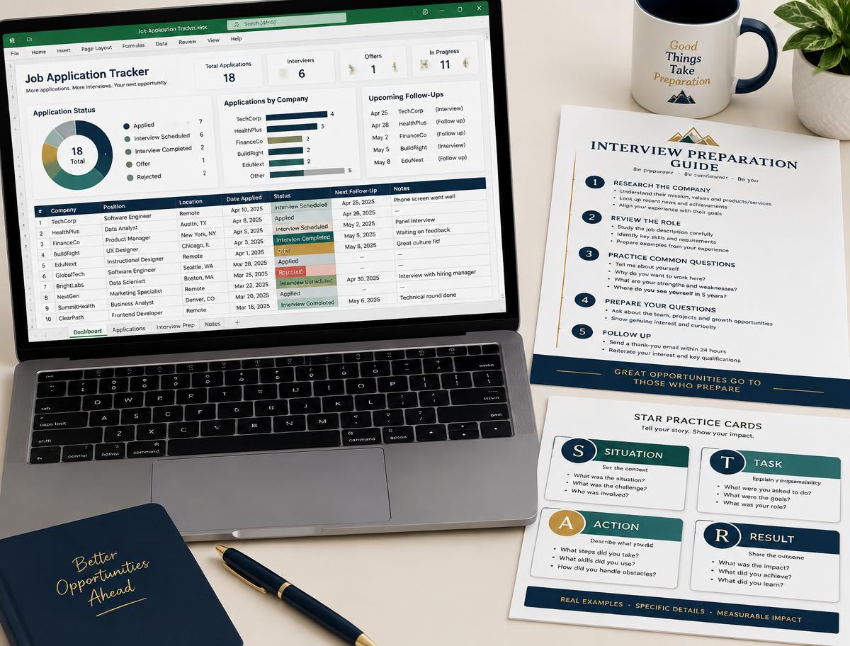 Excel application tracker dashboard beside interview preparation guide pages and STAR practice cards.