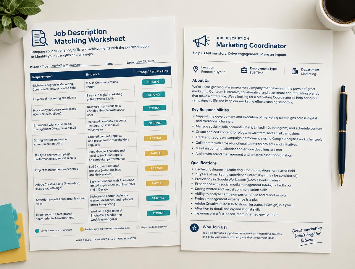 Job description matching worksheet beside an illustrative job description with Strong, Partial and Gap categories.